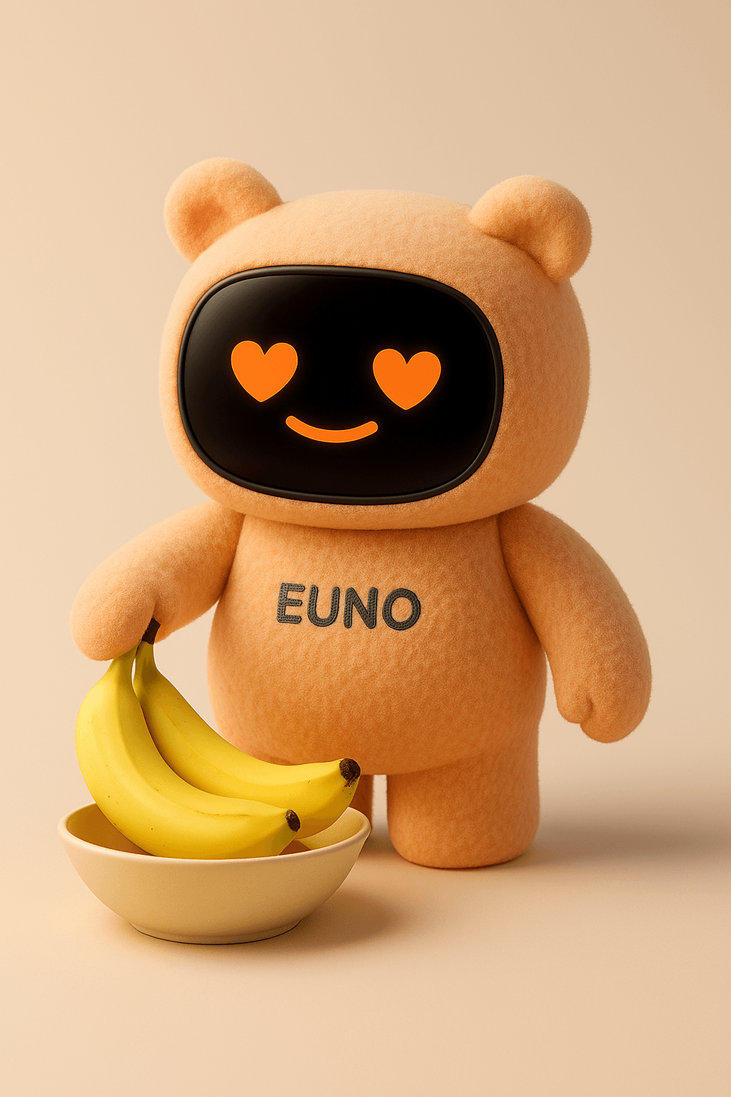 Robot euno jaune au yeux en coeur, tenant des bananes
