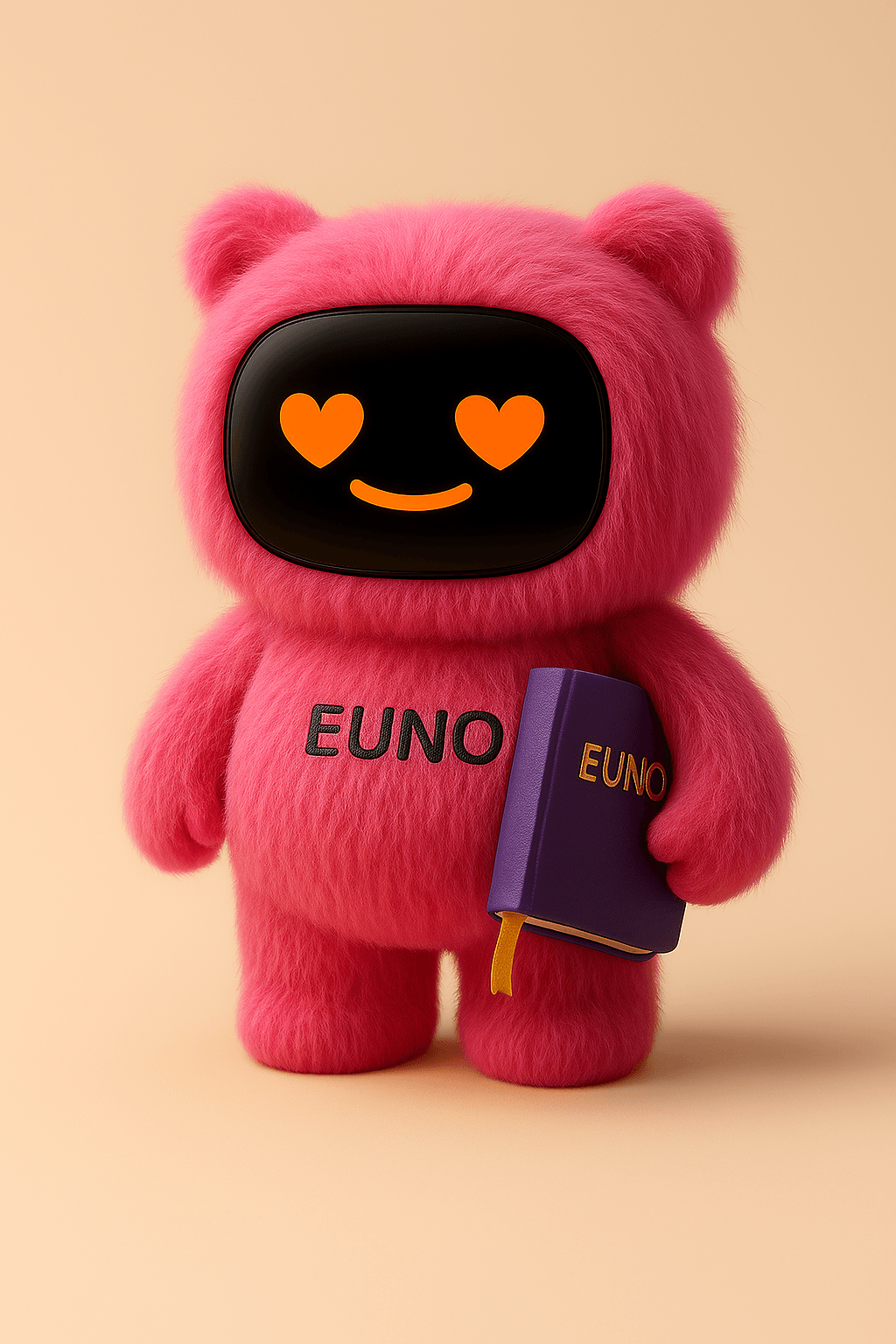 Robot euno rouge au yeux en coeur, tenant un livre à la main